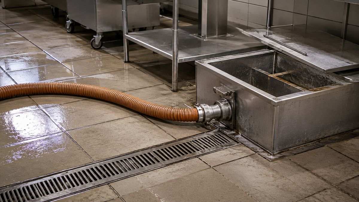 Mangueira de sucção acoplada à caixa de gordura industrial em cozinha comercial durante a coleta