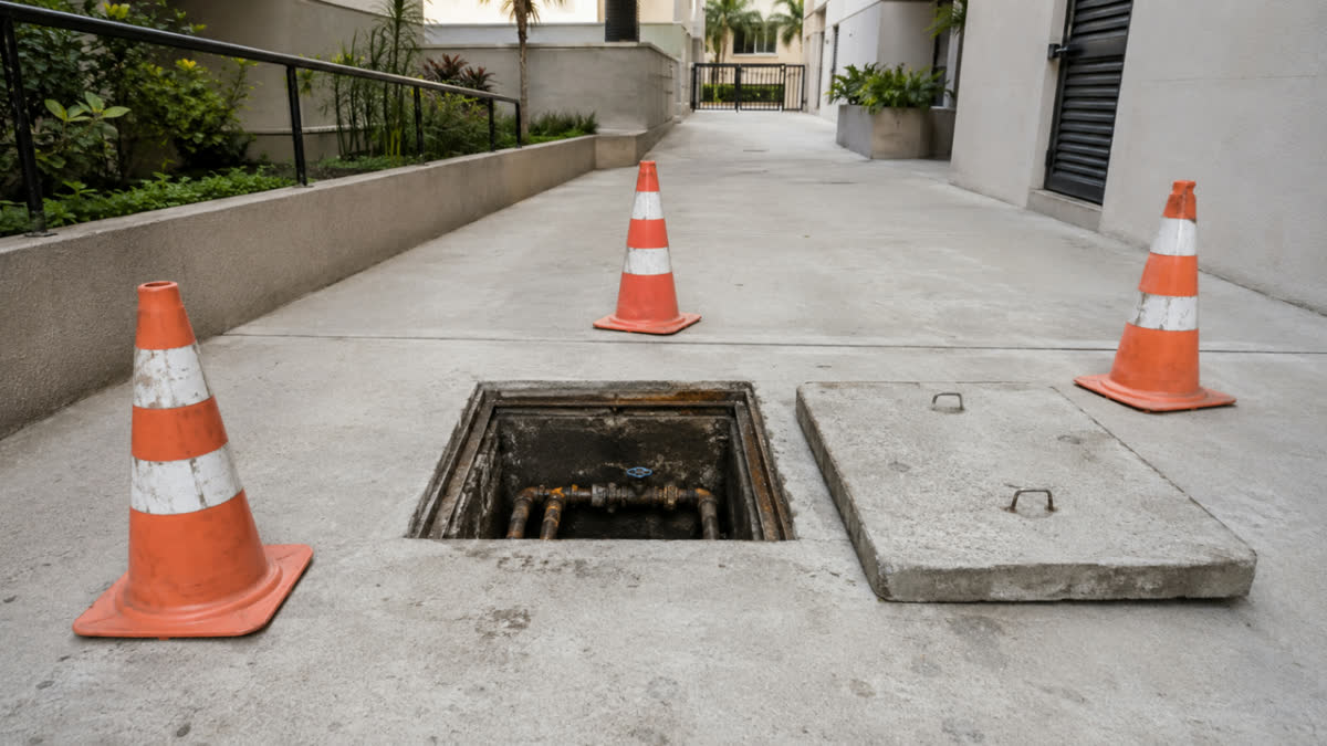 Caixa de inspeção coletiva aberta e sinalizada com cones durante manutenção preventiva em condomínio