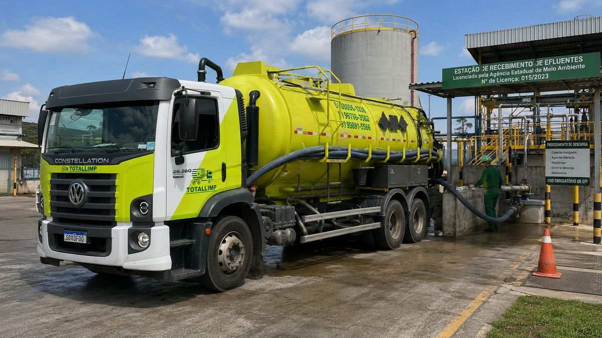 Caminhão de sucção da Totallimp descarregando efluente em estação de recebimento licenciada em Pernambuco